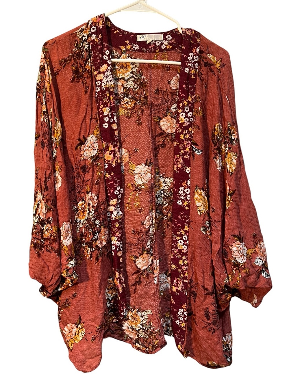 Jolt Womens Size Small Kimono Mauve Pink Orange Floral Flowy 3/4 Sleeve JW5086TP